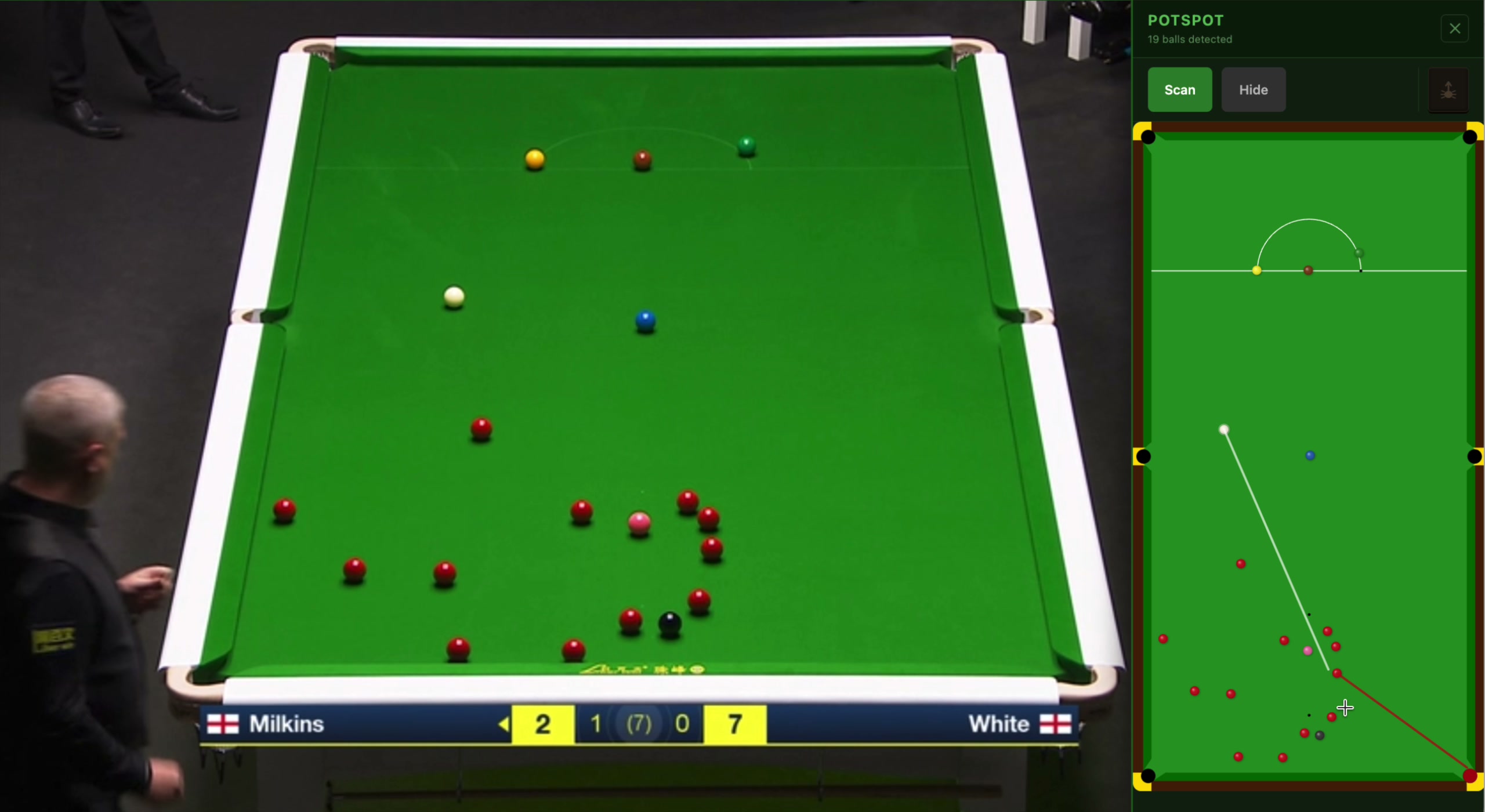 Snooker table on Channel5 showing a sidebar with the birds-eye view of the table on it